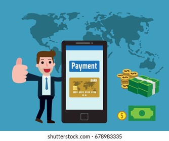 Businessman and the phone button payment.
Internet technology payment concept.
Vector flat cartoon character icon design.