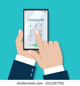 Businessman Phone Dialing Screen. Telephone Talk Numbers Dial Vector Illustration, Cell Phone Digital Pad Dialing With Man Hands