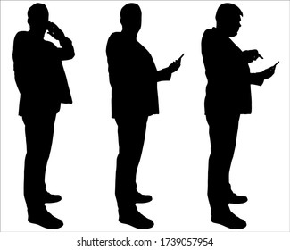 Businessman with a phone in hands. Side view, profile. Man in a business suit is talking on the phone, looking at the smartphone screen, typing a message with his finger. Three male black silhouettes