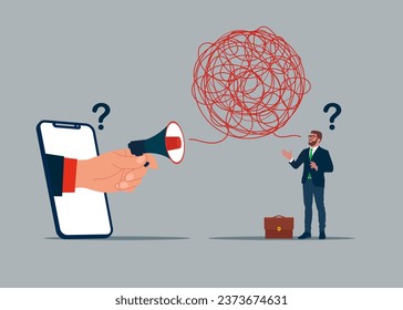 Businessman with phone have troubles with understanding each other. Miscommunicate unclear information. Flat vector illustration
