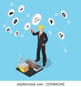 Businessman with phone in his hand starts and manage huge plant with application isometric 3d vector illustration concept for banner, website, illustration, landing page, flyer, etc.