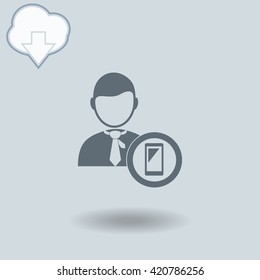 Businessman with phone icon with shadow. Cloud of download with arrow.