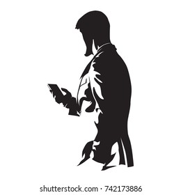 Businessman with phone, man in suit holding mobile, abstract vector silhouette