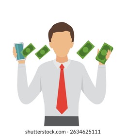  Businessman with phone money income, Banknotes come out of a smartphone. Cartoon Vector Illustration. 