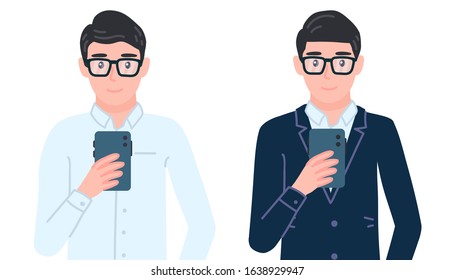 Businessman with phone. Office employee in suit use smartphone, taking selfie. Manager male personage in glasses with gadget. Isolated vector illustration in cartoon flat style.