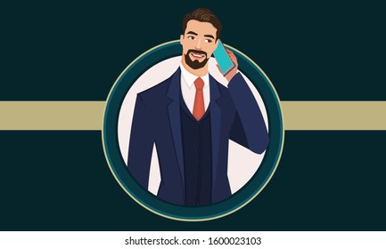 Businessman with phone Portrait vector illustration. 