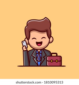 Businessman With Phone And Suitcase Cartoon Vector Icon Illustration. People Profession Icon Concept Isolated Premium Vector. Flat Cartoon Style
