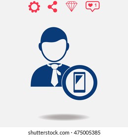 Businessman with phone vector icon on grey background.