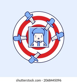 Businessman photo on target with knives. Cartoon character thin line style vector.
