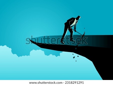 Businessman with a pick axe digs the edge of a rock to cause himself to fall, wrong strategy, stupidity concept