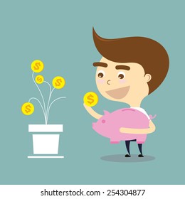 businessman pick money with dollar sign to piggy bank vector