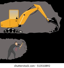 Businessman with a pickax digging a tunnel, racing with an excavator, EPS 8 vector illustration