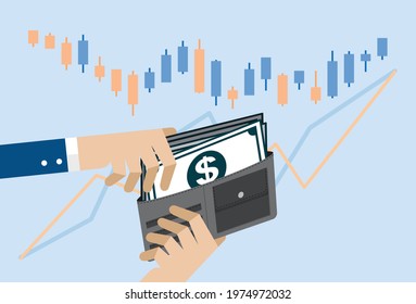 Businessman picks up the pocket money to buy stock market, Vector illustration in flat style