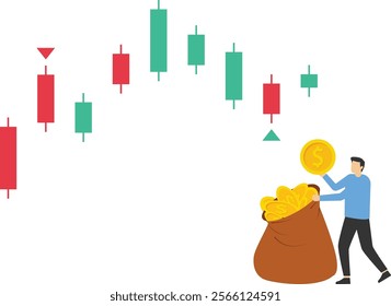 Businessman picks up the pocket money to buy stock market, Vector illustration in flat style

