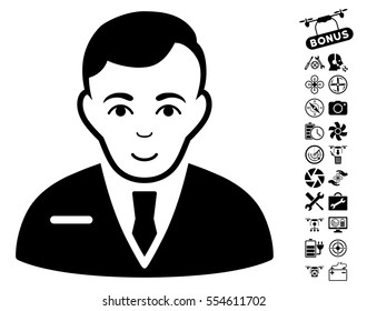 Businessman pictograph with bonus airdrone tools pictograph collection. Vector illustration style is flat iconic black symbols on white background.