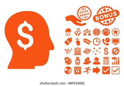 Businessman pictograph with bonus design elements. Vector illustration style is flat iconic symbols, orange color, white background.