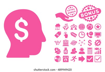 Businessman pictograph with bonus elements. Vector illustration style is flat iconic symbols, pink color, white background.