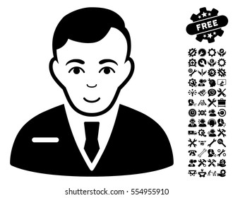 Businessman pictograph with bonus tools symbols. Vector illustration style is flat iconic black symbols on white background.