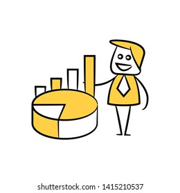 businessman with pie chart and graph yellow stick figure