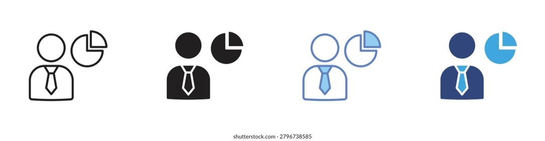 Businessman with pie chart icons set, Business analytics symbols, Financial presentation icons, Corporate data chart signs, Professional statistics vector icons