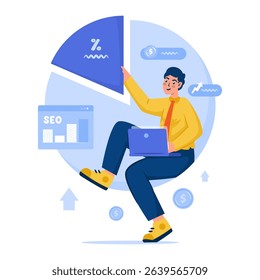 Businessman in pie chart for presentation report, SEO strategy evaluation in digital marketing, Vector illustration