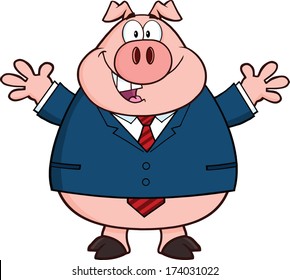 Businessman Pig Cartoon Mascot Character With Open Arms. Vector Illustration Isolated on white