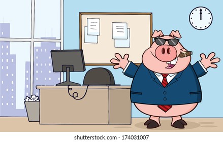 Businessman Pig Cartoon With Sunglasses,Cigar In Office. Vector Illustration