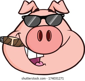 Businessman Pig Head With Sunglasses And Cigar. Vector Illustration Isolated on white