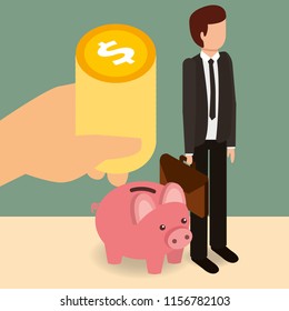 businessman with piggy bank and hand cooins money isometric