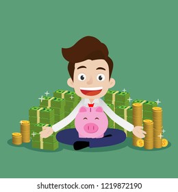 Businessman and piggy bank are happy to have lot of money around, Cartoon vector illustration