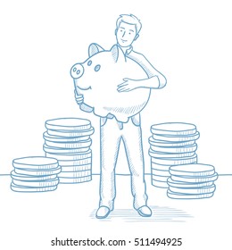 Businessman with a piggy bank. Businessman holding a big piggy bank on the background of coins. Businessman saving money in a piggy bank. Hand drawn vector sketch illustration on white background.