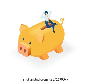 Businessman and Piggy bank. Money, banking, investment strategy and financial advisory I isometric business illustration.  Business people, banker working hard towards the success. 