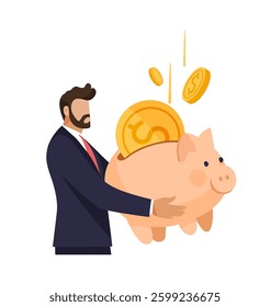 Businessman with piggy bank of money in hands, concept of income growth, budget saving, financial literacy. Flat cartoon vector illustration isolated on white background.