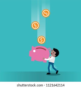 Businessman with piggy bank walking to catch falling dollar vector Illustration