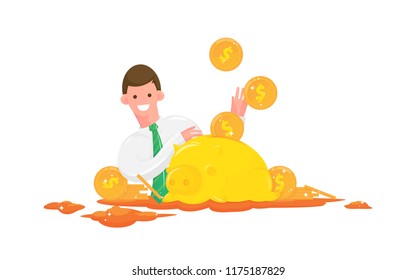 Businessman with pigy saving, Flat characters design on white background, Cartoon