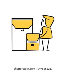 businessman and pile of mails yellow stick figure