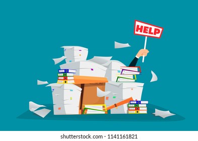 Businessman in pile of office papers and documents with help sign. Overwork. Cartoon style.