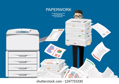 Businessman in pile of papers. Office multifunction machine. Paperwork, overwork, office. Printer copy scanner device. Proffesional printing station. illustration flat style