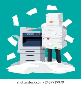 Businessman in pile of papers. Office multifunction machine. Bureaucracy, paperwork, overwork, office. Printer copy scanner device. Proffesional printing station. Vector illustration flat style