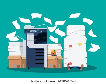 Businessman in pile of papers. Office multifunction machine. Bureaucracy, paperwork, overwork, office. Printer copy scanner device. Proffesional printing station. Vector illustration flat style