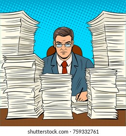 Businessman with piles of paper documents pop art retro vector illustration. Comic book style imitation.