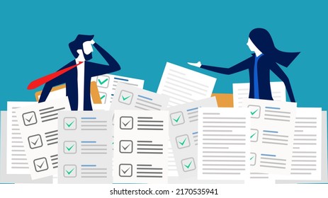 Businessman in piles of paperwork . Giving work is too hard. business concept vector illustration