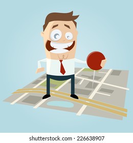 businessman with pin on city map