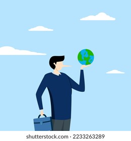 the businessman with the Pinocchio nose lied about saving the world. liar can't keep promise or reduce greenhouse effect pollution, global warming problem concept, world leader climate change failure.
