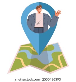 Conceito de Businessman Pinpoint. Um homem de negócios amigável emergindo de um pino de mapa, demonstrando serviços baseados na localização. Navegação corporativa e posicionamento geográfico. Ilustração vetorial.