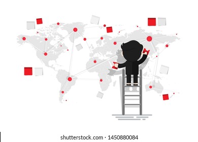 Businessman pinpoint on wall mapping earth by red pin, sticky note isolated on white background, Flat design character, illustration element