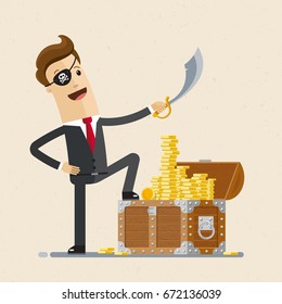 Businessman pirate with treasure chest of gold coins. On white background. Vector illustration, flat