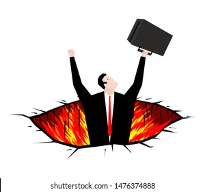 Businessman in Pit to hell. Fire Rift. Hole in purgatory