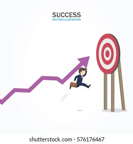 Businessman is pitching a line graph to the target. Success Concept.