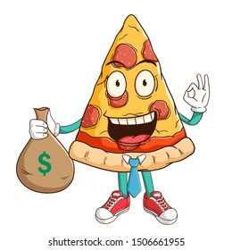businessman of pizza slice cartoon character holding bag full of money with ok hand sign and funny smile face